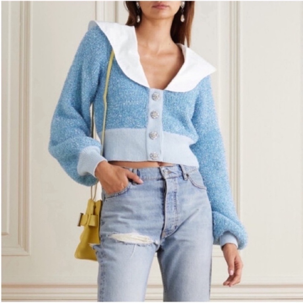 NWT Ganni Cropped Blue Sparkle Wool Blend Knit Crystal Cardigan